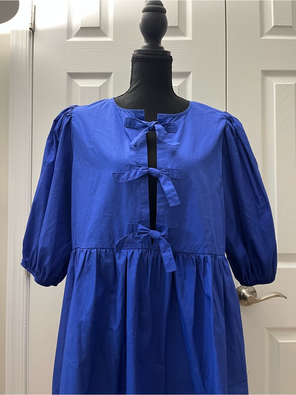Band of the Free Blue Tie-Front Babydoll Puff Sleeve Dress w/Pockets Sz L EUC - Picture 2 of 6